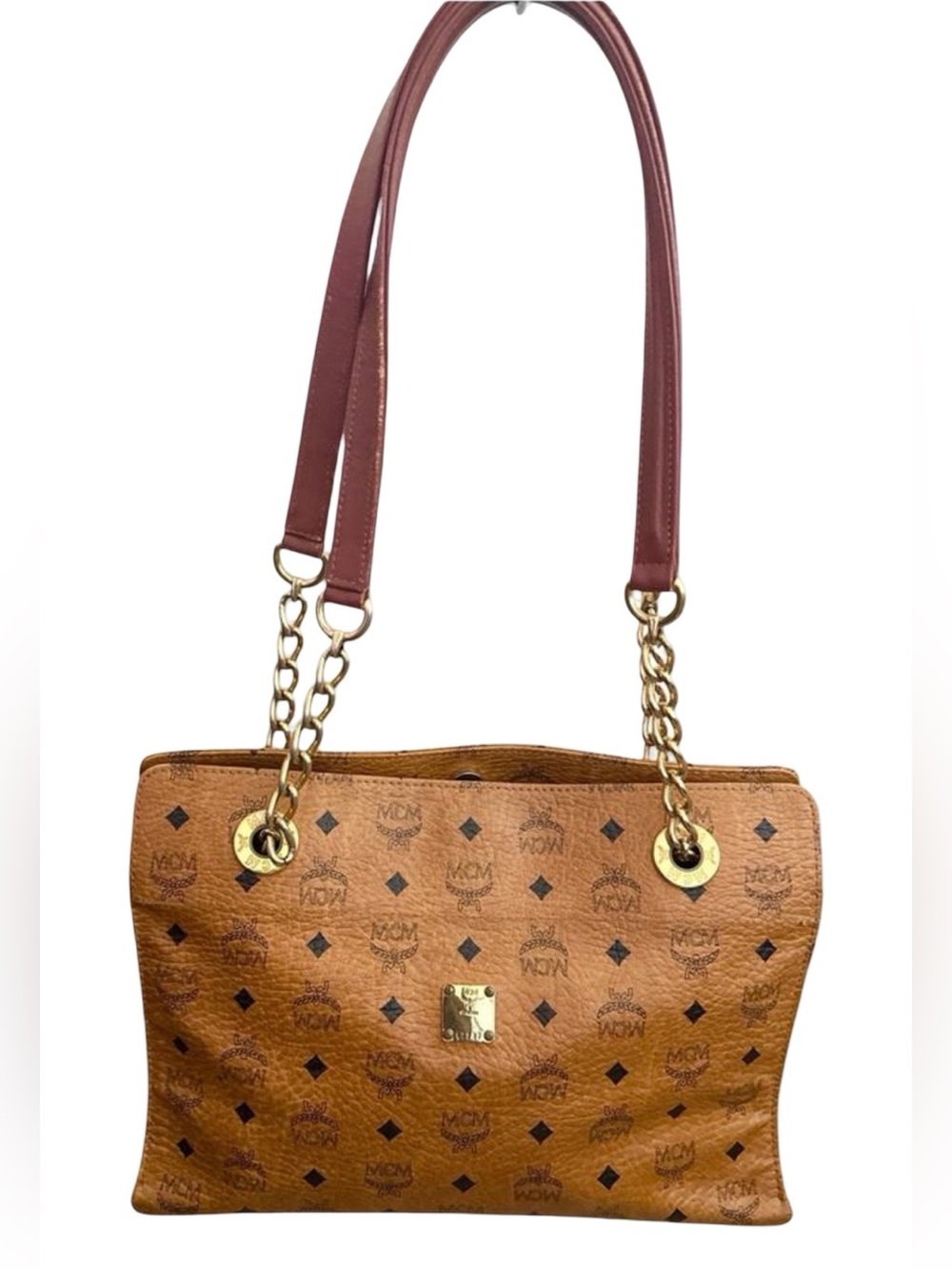 MCM Visetos Cognac Shoulder Bag Gold Chain Strap Medium Tote - Picture 2 of 16